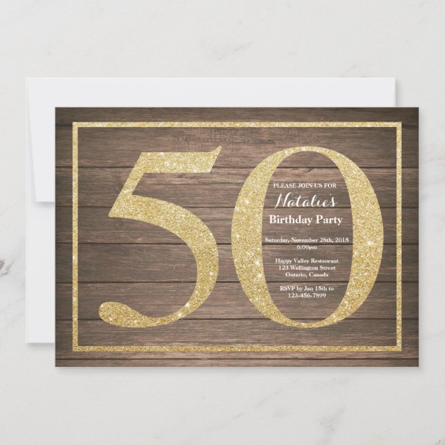 Rustic 50th Birthday Invitation Gold Glitter (Front)