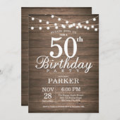 Rustic 50th Birthday Invitation String Lights Wood (Front/Back)
