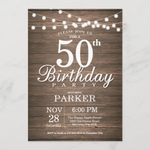 Rustic 50th Birthday Invitation String Lights Wood