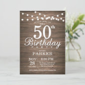 Rustic 50th Birthday Invitation String Lights Wood (Standing Front)