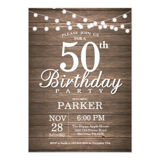 Rustic 50th Birthday Invitation String Lights Wood | Zazzle.com