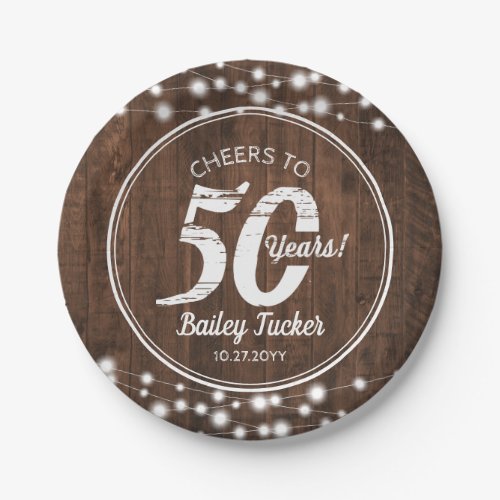 Rustic 50th Birthday String Lights Birthday Party Paper Plates