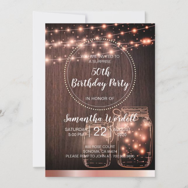 Rustic 50th Birthday String Lights Invitation (Front)