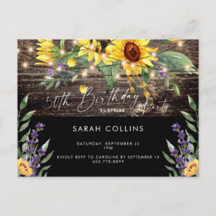 Rustic 50th Birthday Sunflower Black Birthday Invitation Postcard