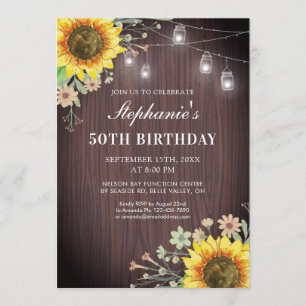 Rustic 50th Birthday Sunflower Wood Jar Lights Invitation