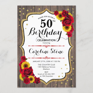 Rustic 50th Birthday - Sunflowers Roses Wood Invitation