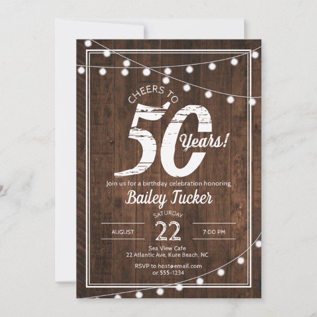 Rustic 50th Birthday with String Lights Party Invitation (Front)