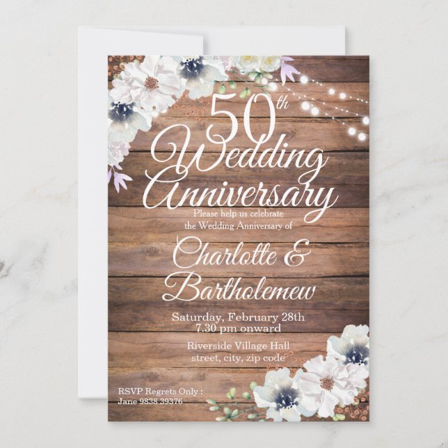 Rustic 50th Wedding Anniversary Floral Invitation (Front)