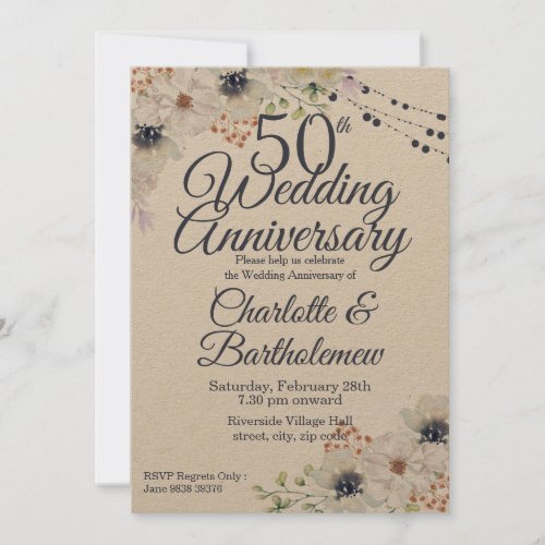 Rustic 50th Wedding Anniversary Floral Kraft Invitation