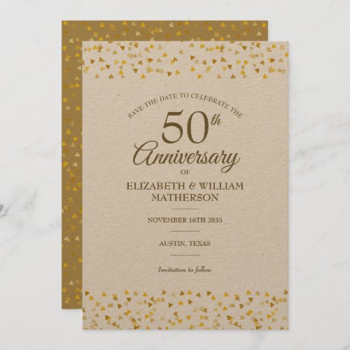 Rustic 50th Wedding Anniversary Gold Hearts Save The Date