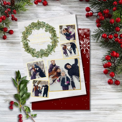 Rustic 5 Photo Collage Greenery Christmas Gold Foil Holiday Card