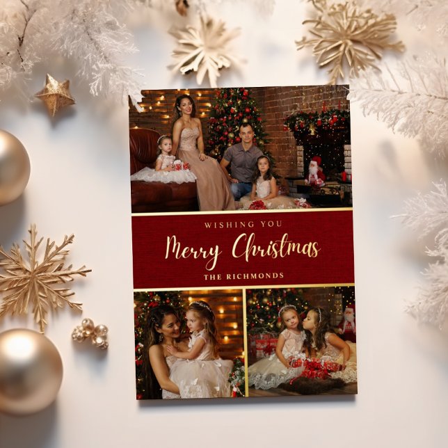 Rustic 5 photo collage Merry Christmas family Foil Holiday Card (Creator Uploaded)