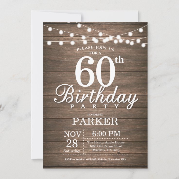 Rustic 60th Birthday Invitation String Lights Wood | Zazzle