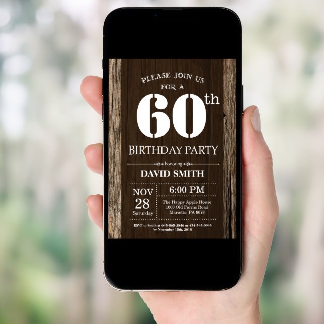 Rustic 60th Birthday Invitation Vintage Wood (Front Digital)