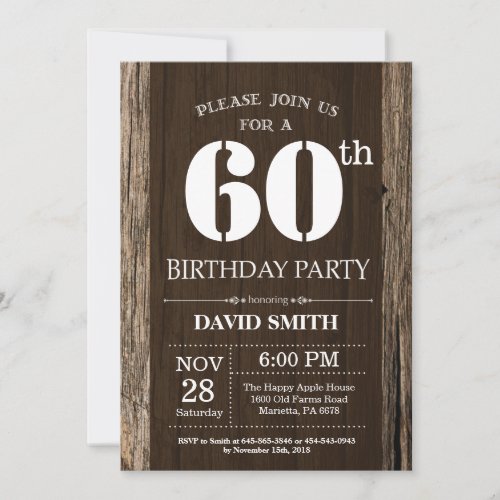 Rustic 60th Birthday Invitation Vintage Wood