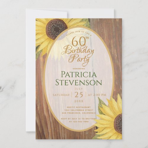 Rustic 60th Birthday Party Sunflowers Wood Floral Invitation