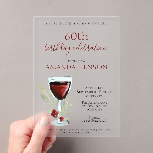 Rustic 60th Birthday Red Wine Surprise Birthday Acrylic Invitations (Insitu (Handheld))