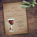 Rustic 60th Birthday Red Wine Surprise Party Invitation<br><div class="desc">Rustic 60th Birthday Red Wine Surprise Birthday Party Invitation. 60th birthday party invitation for her or him. Invitation with a red wine glass, roses and twigs on a rustic old paper background. The text is fully customizable - personalize it with your name, any age - 30th 40th 50th 70th 80th...</div>