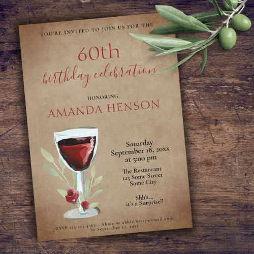 Rustic 60th Birthday Red Wine Surprise Party Invitation