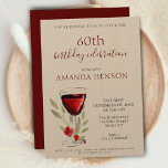 Rustic 60th Birthday Red Wine Surprise Party Kraft Invitation<br><div class="desc">Rustic 60th Birthday Red Wine Surprise Birthday Party Kraft Invitation. 60th birthday party invitation for her or him. Invitation with a red wine glass, roses and twigs on a white background. The text is fully customizable - personalize it with your name, any age - 30th 40th 50th 70th 80th 90th...</div>