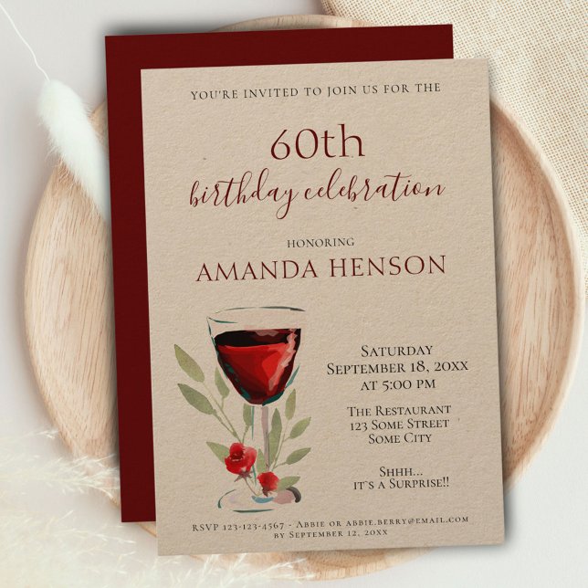 Rustic 60th Birthday Red Wine Surprise Party Kraft Invitation (Creator Uploaded)