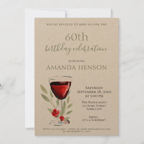 Rustic 60th Birthday Red Wine Surprise Party Kraft Invitation