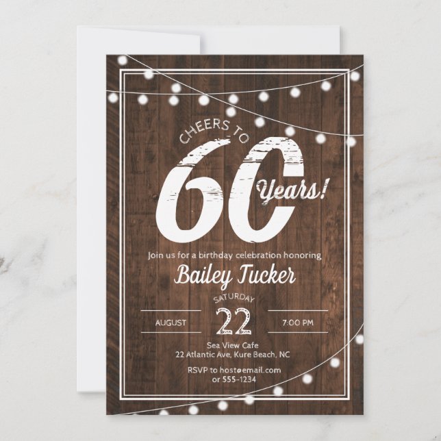 Rustic 60th Birthday with String Lights Party Invitation (Front)