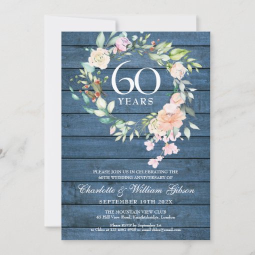 Rustic 60th Diamond Wedding Anniversary Floral Invitation | Zazzle