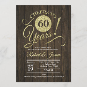 Rustic 60th Wedding Anniversary - Gold Wood Invitation