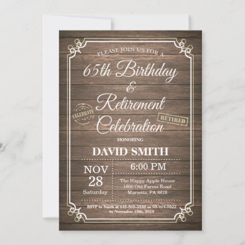 Rustic 65th Birthday and Retirement Party Invitation