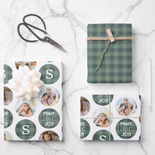 Rustic 6 Photo Monogram PEACE LOVE JOY Plaid  Wrapping Paper Sheets