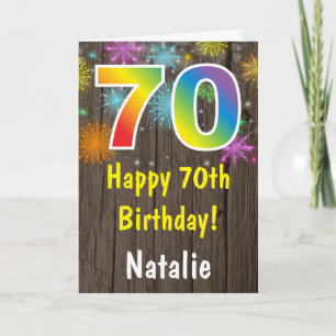 Rustic 70th Birthday Colorful Rainbow Fireworks Card