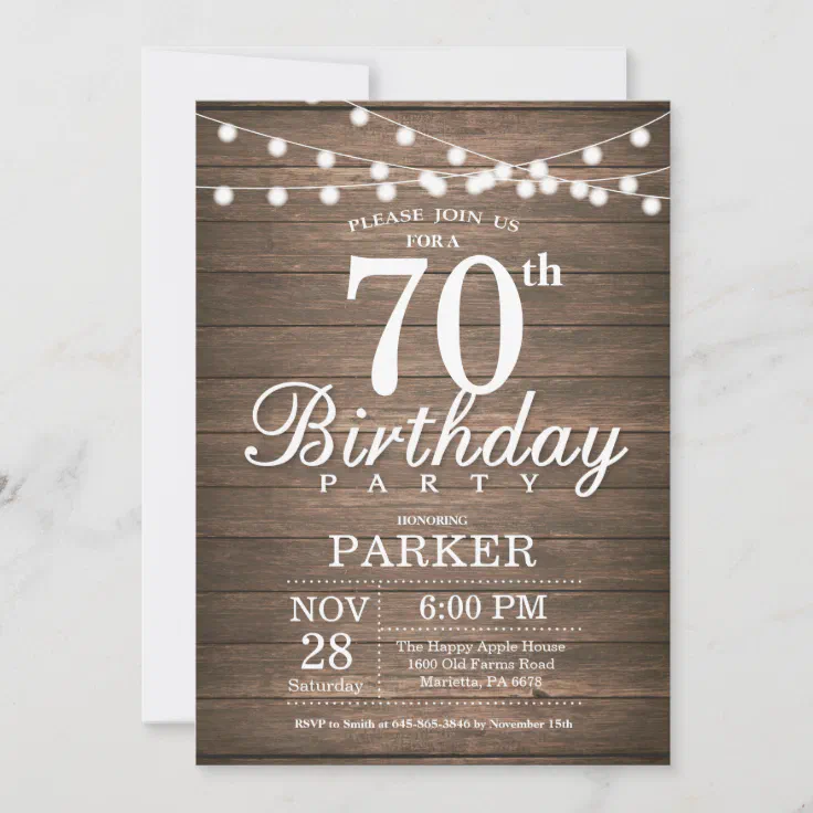 Rustic 70th Birthday Invitation String Lights Wood | Zazzle