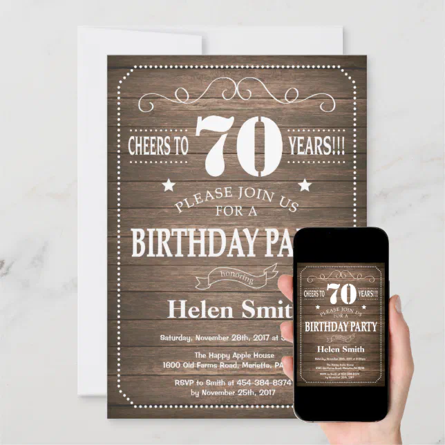 Rustic 70th Birthday Invitation Vintage Retro | Zazzle