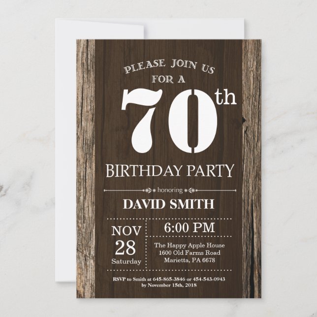 Rustic 70th Birthday Invitation Vintage Wood (Front)