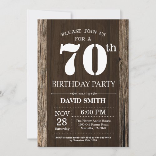 Rustic 70th Birthday Invitation Vintage Wood