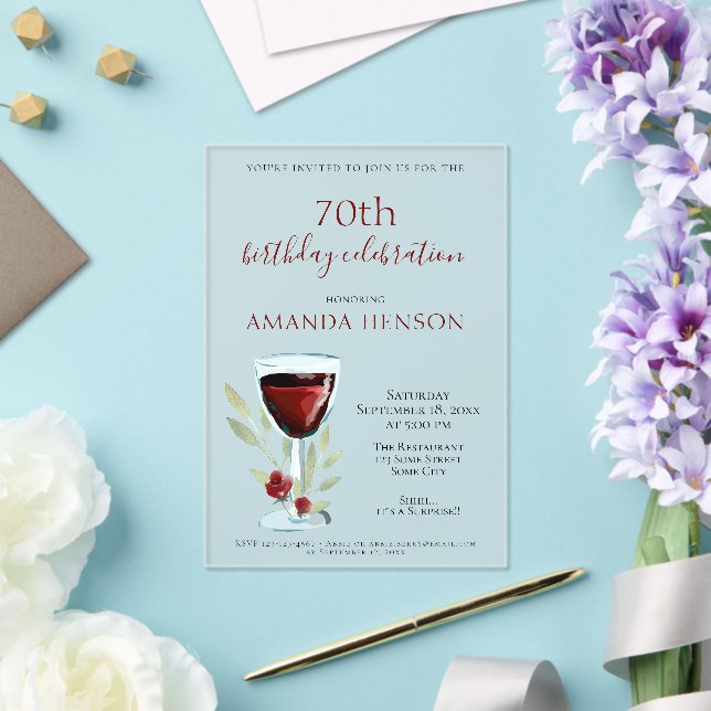Rustic 70th Birthday Red Wine Surprise Birthday Acrylic Invitations (Insitu (Wedding))