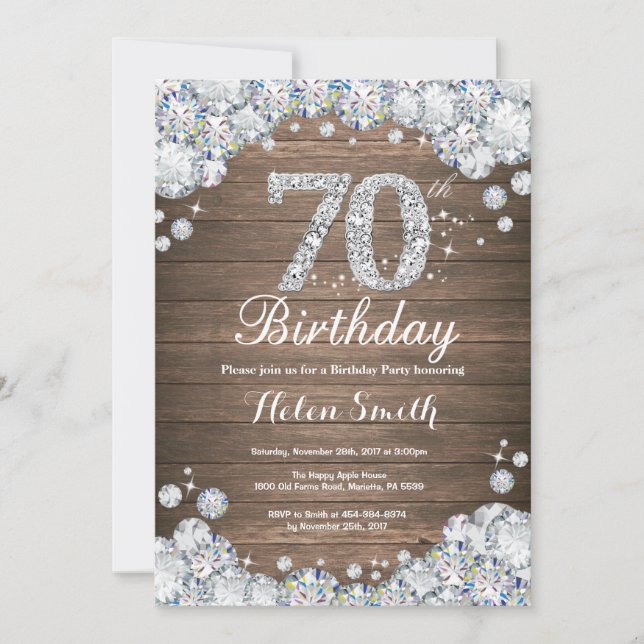 Rustic 70th Birthday Silver Diamond Invitation (Front)