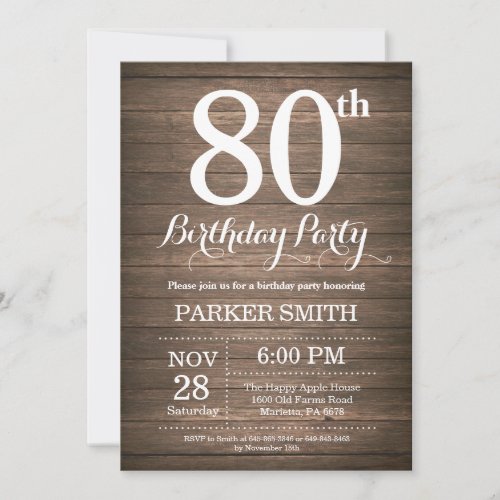 Rustic 80th Birthday Invitation