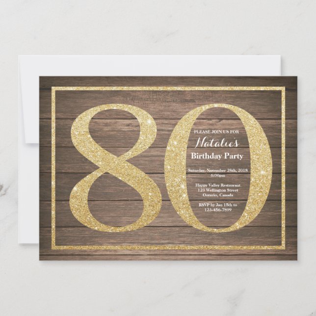 Rustic 80th Birthday Invitation Gold Glitter (Front)