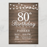 Rustic 80th Birthday Invitation String Lights Wood