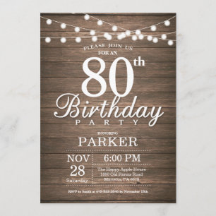 Rustic 80th Birthday Invitation String Lights Wood