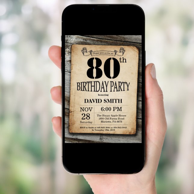 Rustic 80th Birthday Invitation Vintage Wood (Front Digital)