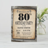 Rustic 80th Birthday Invitation Vintage Wood (Standing Front)