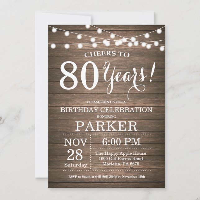 Rustic 80th Birthday Invitation Wood (Front)