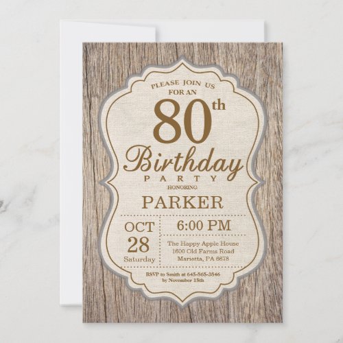 Rustic 80th Birthday Invitation Wood