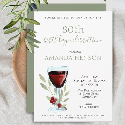 Rustic 80th Birthday Red Wine Surprise Party Invitation