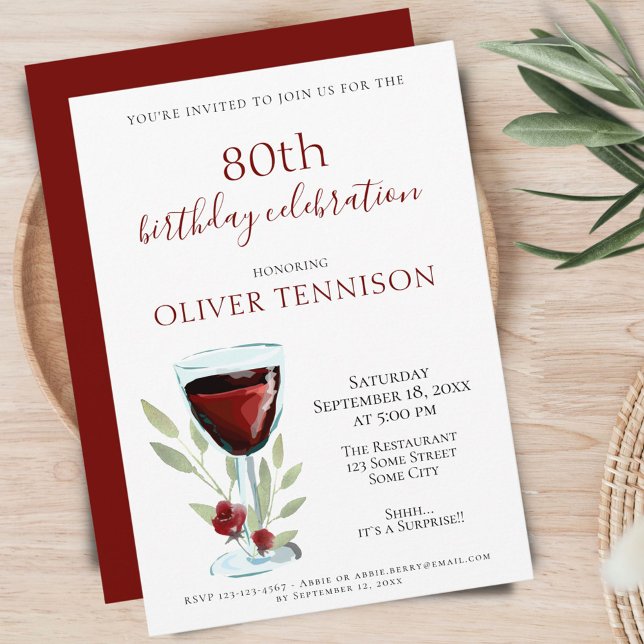 Rustic 80th Birthday Red Wine Surprise Party Invitation (Creator Uploaded)