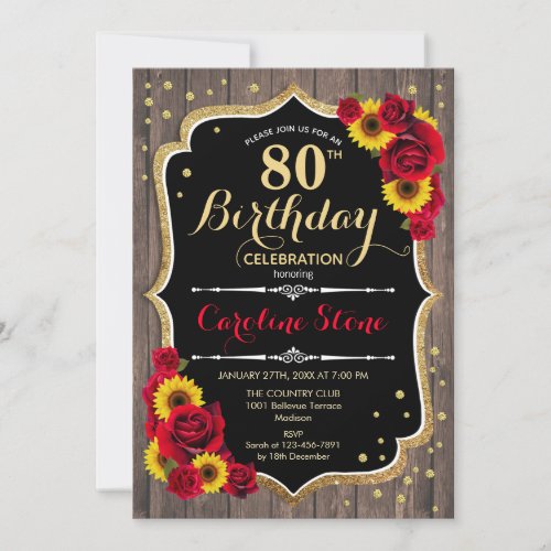 Rustic 80th Birthday _ Sunflowers Roses Wood Invitation