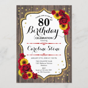 Rustic 80th Birthday - Sunflowers Roses Wood Invitation